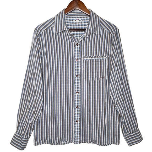 Kavu Other - Kavu Mens Striped Brown Blue Logo Outdoor Casual Long Sleeve Buttondown Shirt